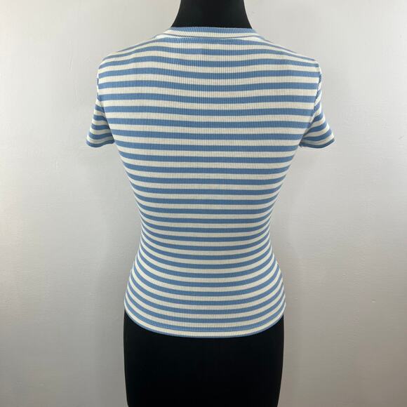 THEORY Blue and White Stripe Short Sleeve Ribbed Knit Top Sweater Slim-Fit P XS - Picture 6 of 7